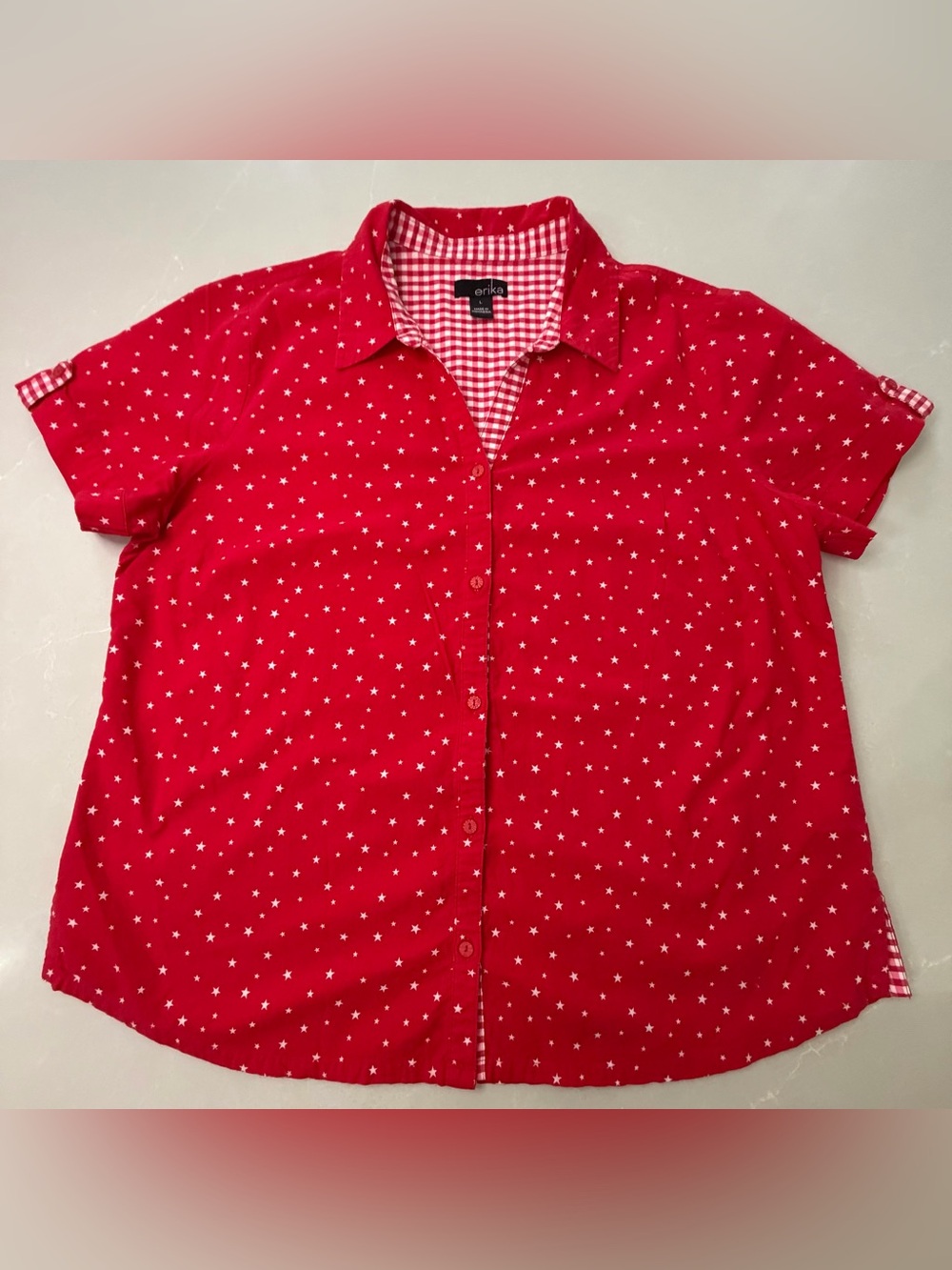 Erika Red Star Print Button Up Shirt Gingham Trim Cuffed Short Sleeve, L/XL